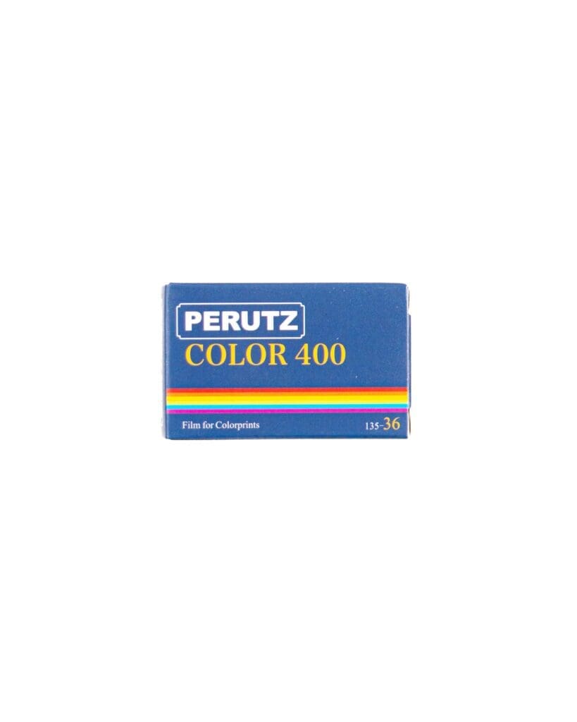 Front-facing Perutz Color 400 35mm film box with blue packaging, rainbow stripe, and yellow text showing 135-36 exposures.